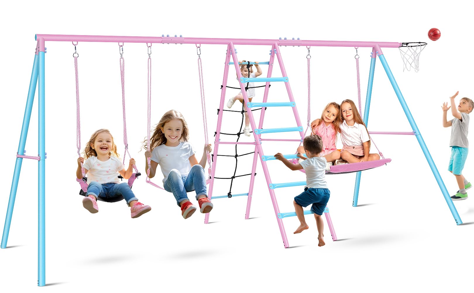 700 lb Pink Swing Sets for Backyard- 6 in 1 Playground Sets with 3 Swings