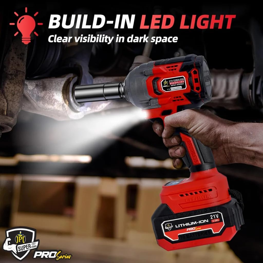 JPT Pro Series Brushless 21-volt Cordless Impact Wrench | 570N.m Torque | 4400 RPM Speed | 2 Speed Modes | 1/2-Inch Hex Shank | Bright LED Light | 4000mAh Battery | Fast Charger | 12 Months Warranty 3