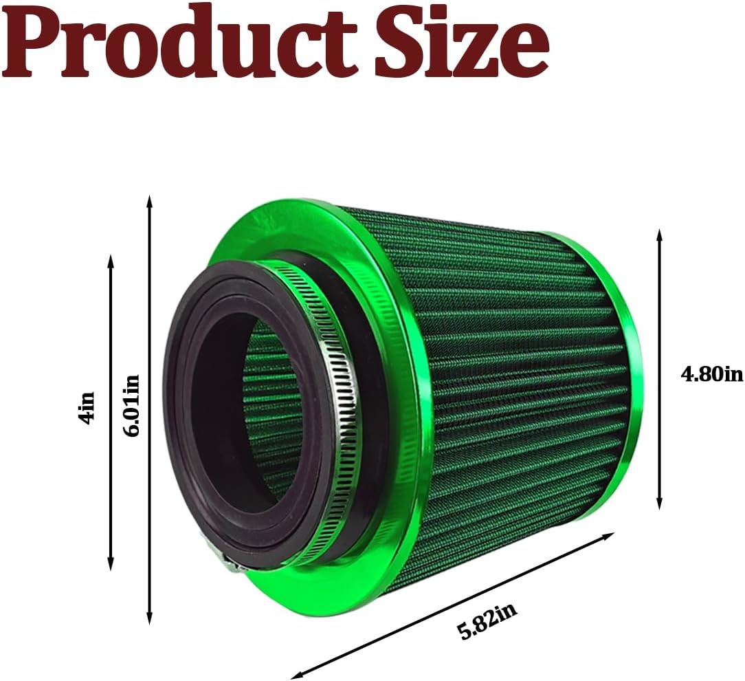 Car Clamp-On Air Intake Filter, 3 In 3.5 In 4 In Round Tapered Vehicle Cone Air Filters, High-Performance ＆ Washable Auto Replacement Intake Filtering Accessories, Universal Fit (Green)