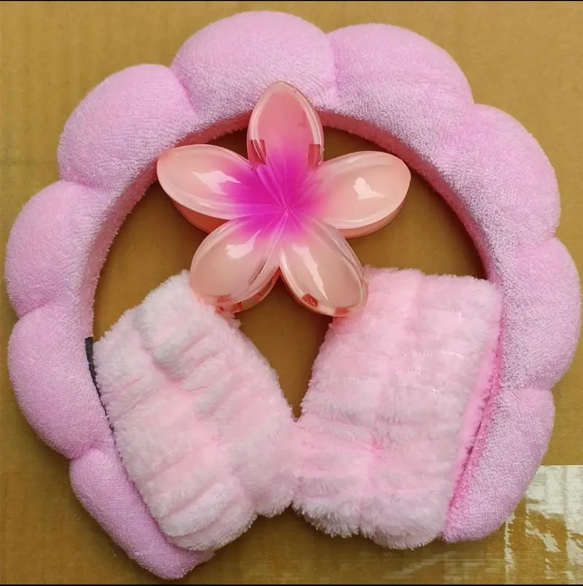 Spa Headband with Plush Padding, Pink Cherry Blossom Design, 7-inch Elastic Band, Soft Absorbent Fabric-image-3