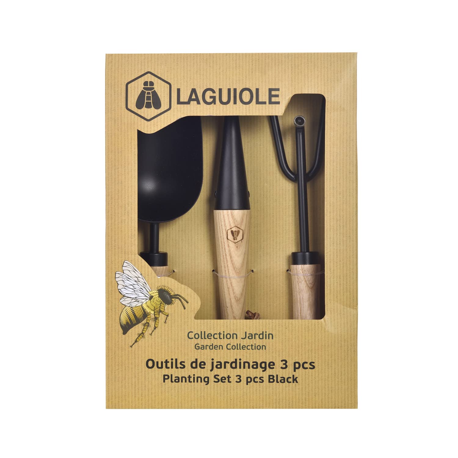 LAGUIOLE - LAGUIOLE, 40269052, Kit 3 Outils de Plantation Noirs et Bois, Outils coupants, Plantoir, Griffe de Jardin, Pelle, Outdoor, Extérieur, Plein Air, Noir