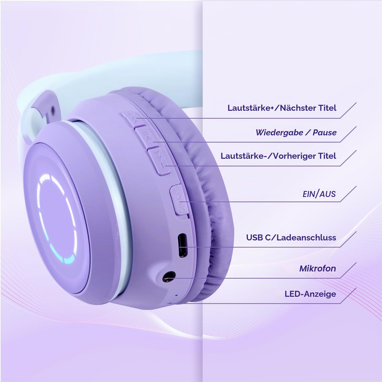 Sendowtek Kinder Kopfhörer, Mädchen Bluetooth Kopfhörer Over Ear Katze Kinderkopfhörer mit Abnehmbarem Mikrofon LED Licht, Faltbare Kabellos Kopfhörer für Kinder Erwachsene Schule/Tablet/PC/Phone
