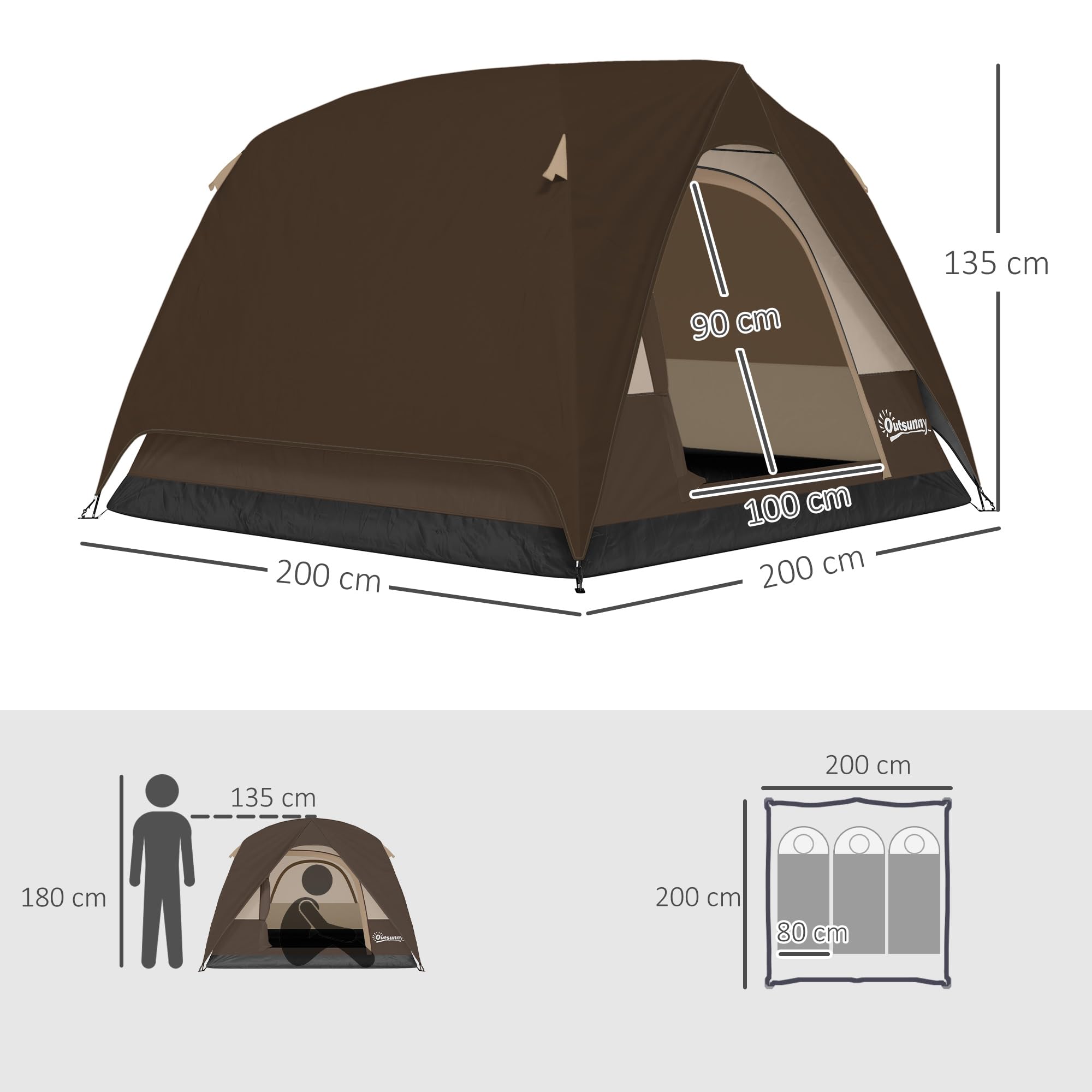Outsunny Tienda de campaña para 3 a 4 Personas, Tienda de campaña Impermeable de fácil instalación con Base Cosida, Ventanas de Malla, Bolsillo y Gancho para Camping, Senderismo, mochileros