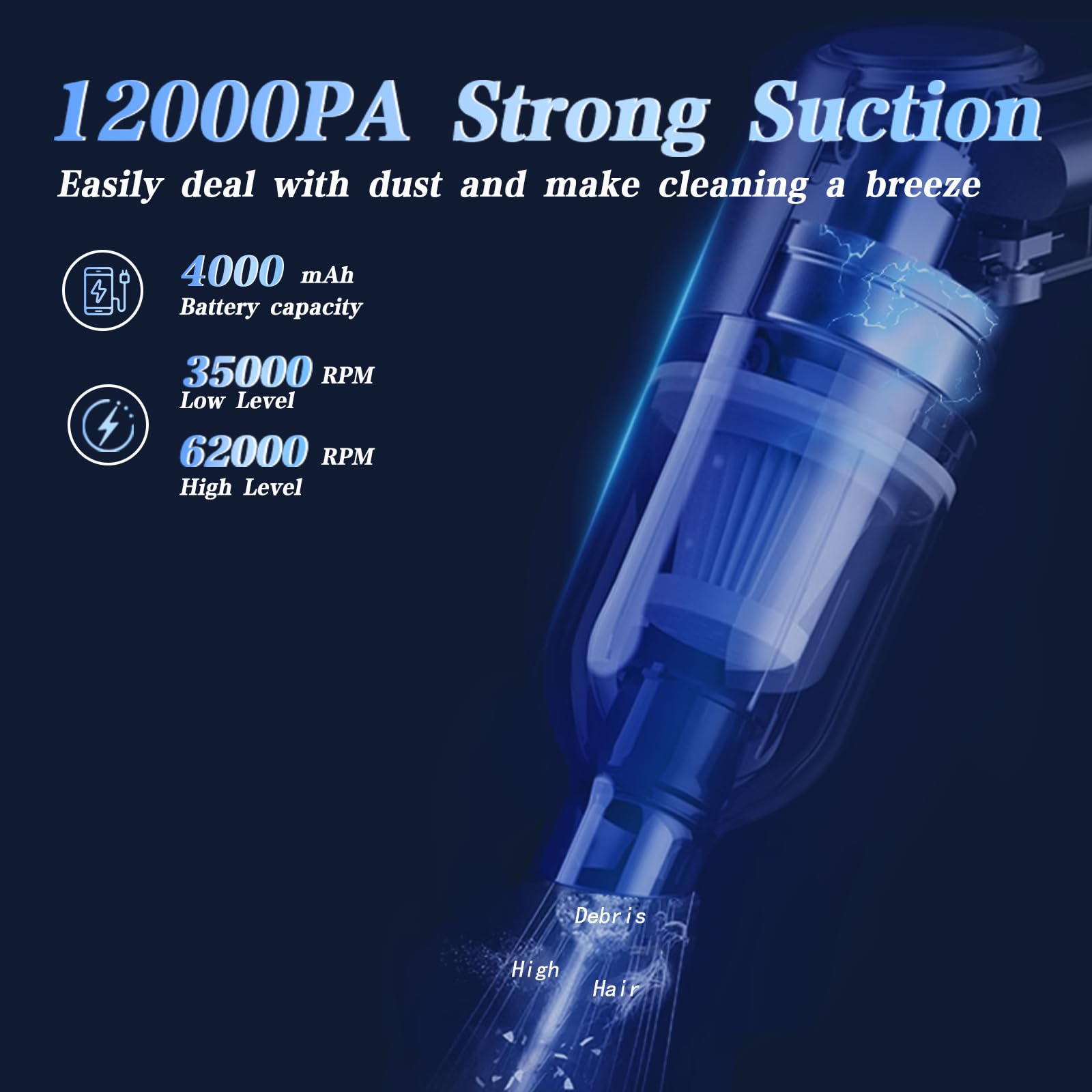 Aspiradora portátil de mano para automóvil, inalámbrica, mini aspiradora 4 en 1 de alta potencia, succión de 12000 Pa, plumero de aire, 4000 mAh, motor sin escobillas de 80 W, boquillas 2