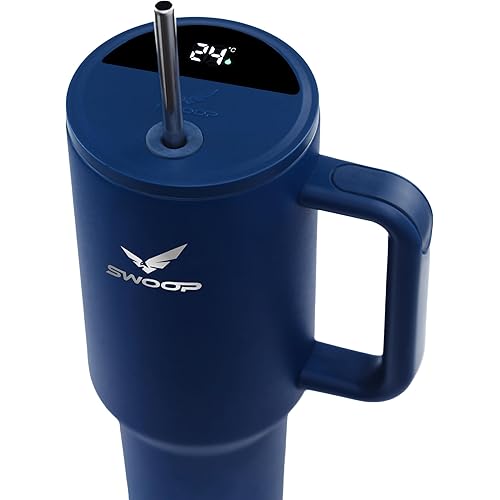 Swoop Smart Tumbler 40 oz | Stainless Steel Vacuum Insulated with Touch Screen Temperature Sensor Lid, Handle and Straw for Water, Coffee, Smoothie, Iced Tea and All Beverages (Midnight Blue)