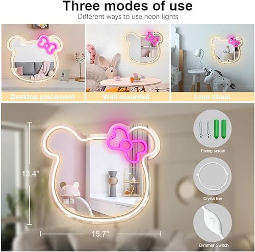 Miniatura 2 de Colyso - Espejo de neón con diseño de gato de anime, lindo dormitorio de gato, decoración de pared, espejo de neón iluminado con regulable para