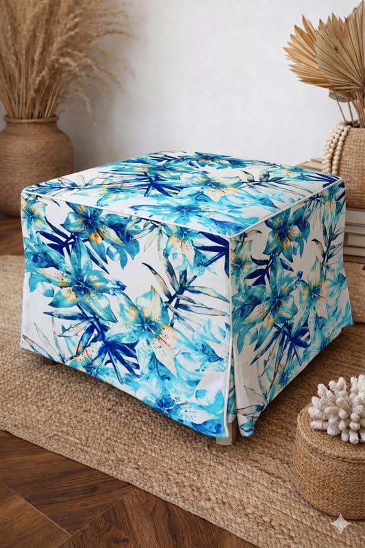 THROWPILLOW Skirted Leaves Square Pouffe Cover, Tailored Pleated Geometric Slipcover|Pouf Cover Skirted for 18x18x18 Inch Top, Neutral Black Decor Accent for Modern Living Room-image-18