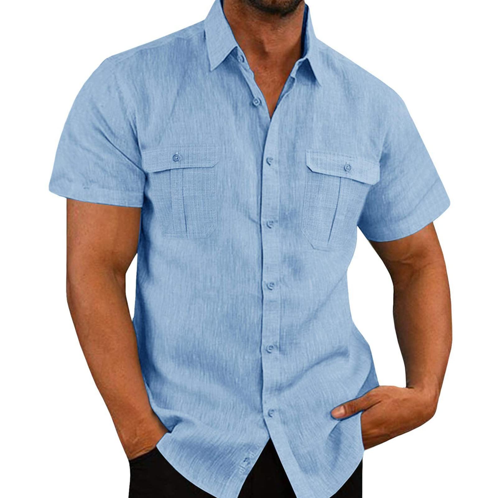 Soraz Short Sleeve Shirt, Double Pocket Loose Casual Mens Casual Shirts Button Down Pure Color Soft For Party (L)