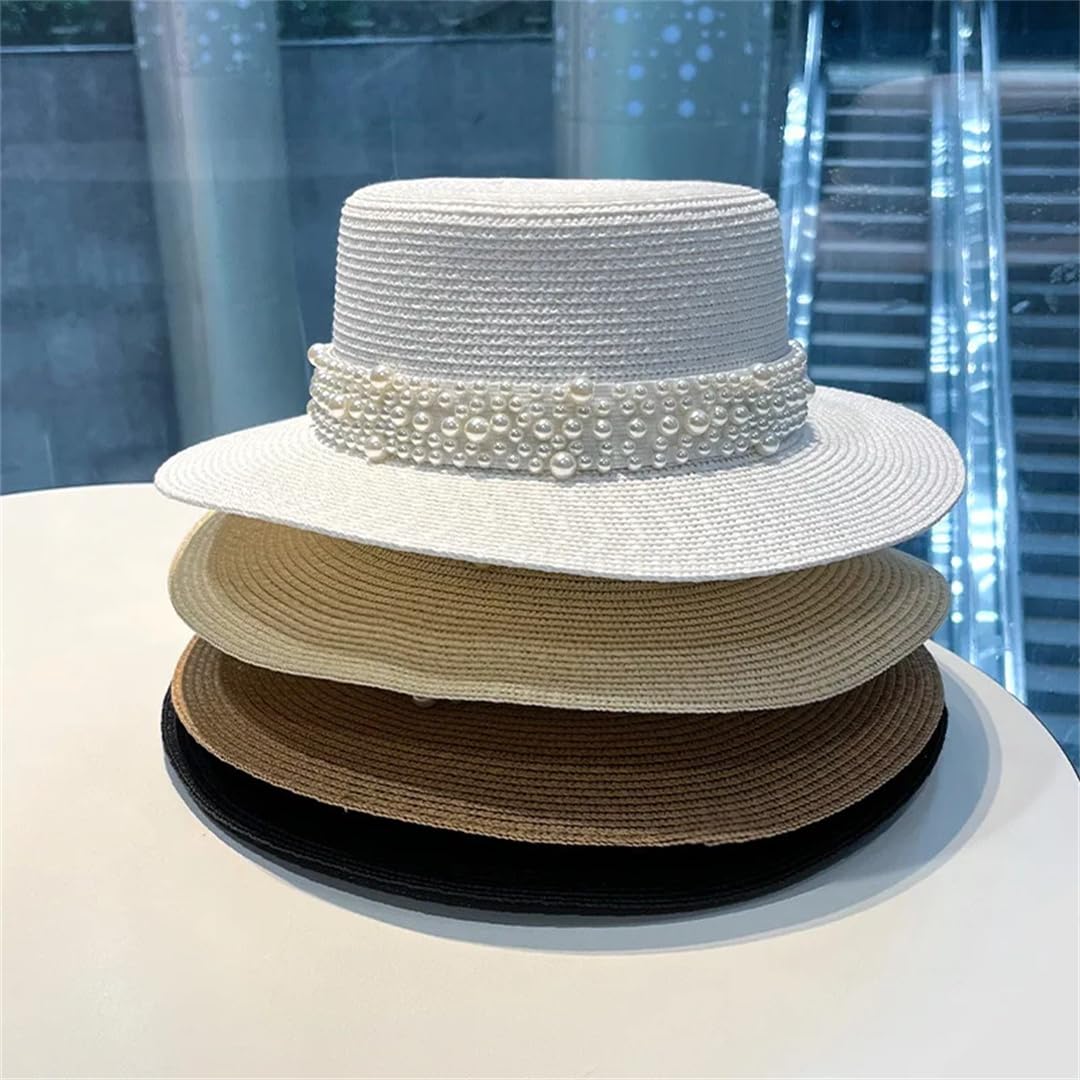 Yeuyyben Cappello da donna alla moda da spiaggia, cappello piatto in paglia, decorazione estiva per protezione solare