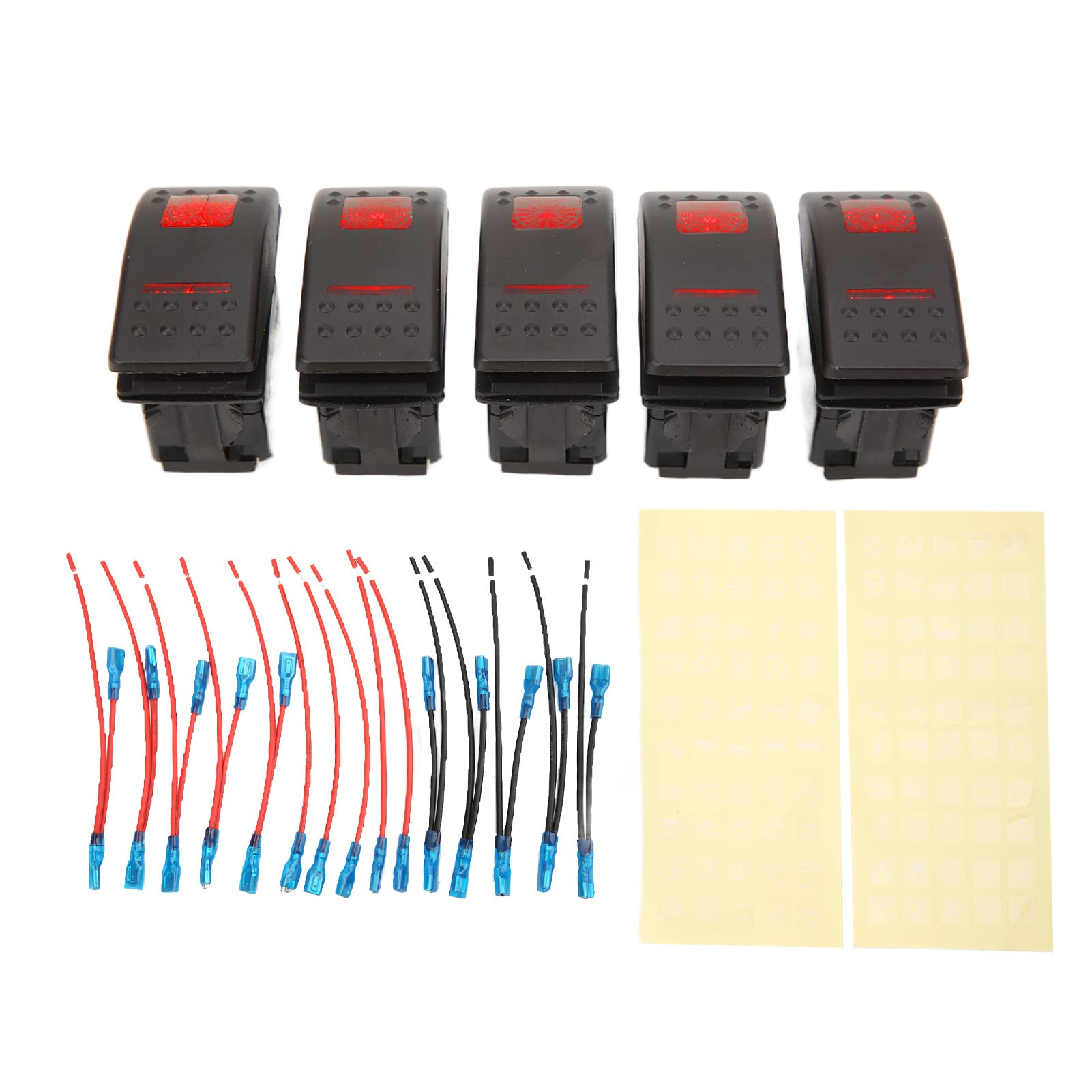 5 paczek SPST przełącznik kołyskowy 5 Pin czerwony podświetlany On Off 12 V 24 V 20A 10A dla samochodu SUV ATV 4x4 motocykl z naklejkami świecącymi w nocy