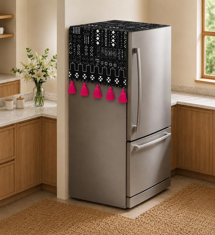 Image of WWW.THROWPILLOW.IN Double Door Fridge Cover 400+L | 450 GSM Durable Fridge Top Cover with Tassels| Dustproof Refrigerator Cover in Black Tribal Print |