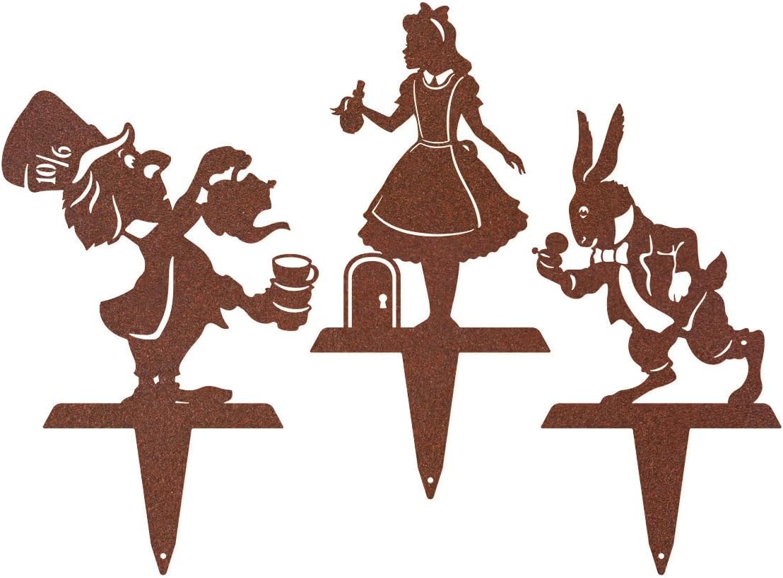 Alice in Wonderland Garden Stakes – Set of 3 | RealSteel Original Outdoor Yard Art Featuring Alice, White Rabbit & Mad Hatter | Rust-Resistant, American-Made Metal Décor | Rust Finish