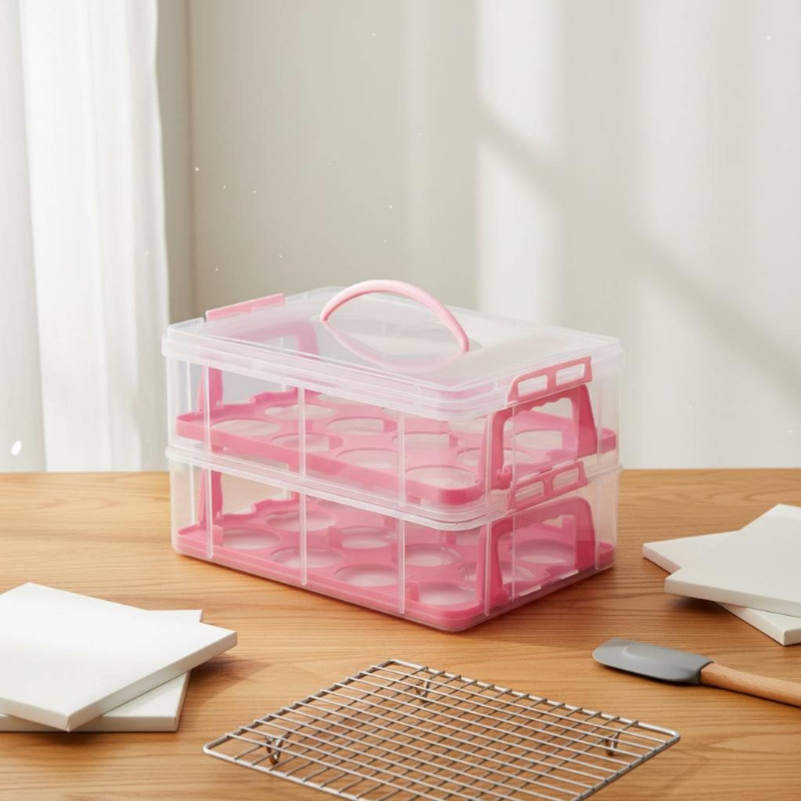 predolo Contenedor de Magdalenas de Varios Niveles con Asa Apilable Caja Transporte Postres Transparente Organizador Cupcakes Plástico para Picnic, White, 4-Layer