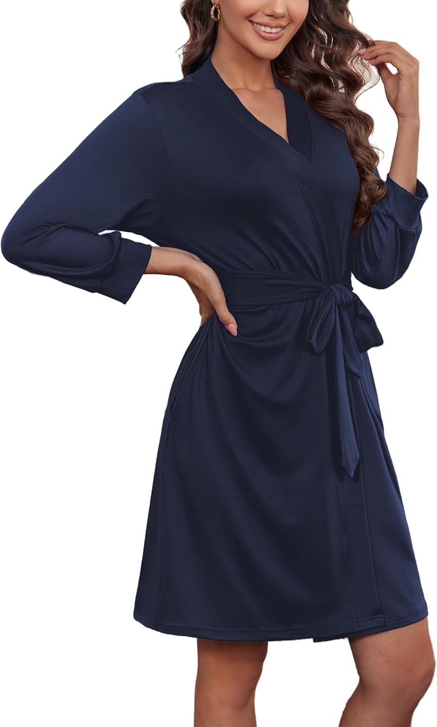 Ekouaer Women‘s Robes Lightweight 3/4 Sleeve Short Knit Bathrobe Soft Knee Length Sleepwear Robes with Pockets S-XXL - Image 2