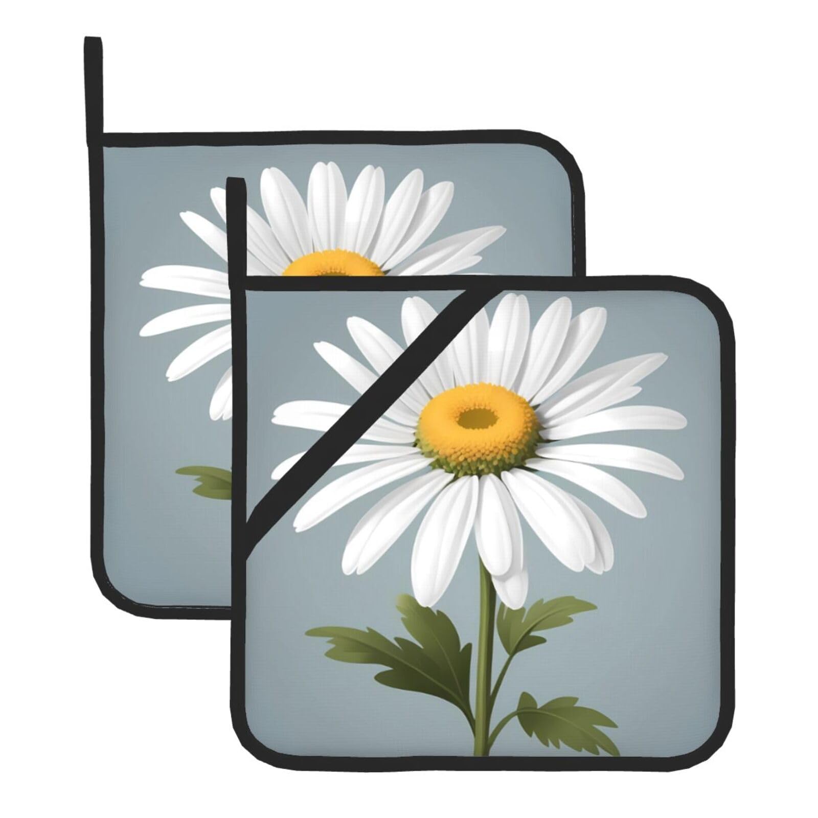 HJFCZH Wild White Daisy Flower Printed Square Insulated Pot Mat Set (2-Piece) 8x8in Waterproof, Thickened & Easy to Clean with Lanyard Design for Kitchen, Oven & BBQ