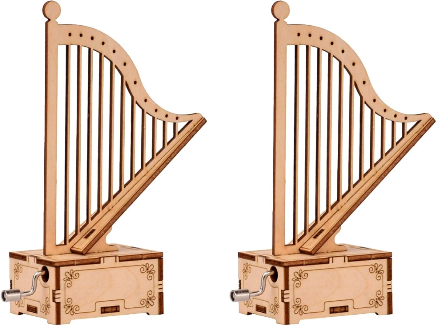 ibasenice Wooden Hand Cranked Music Box Set – 2Pcs Harp Shaped Musical Boxes for Kids Creative Portable Ornaments and Holiday Idea