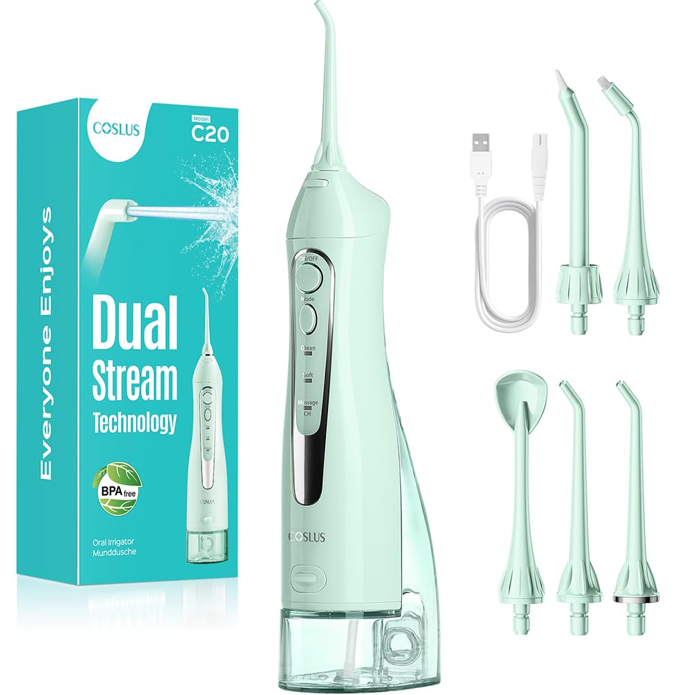COSLUS Munddusche Kabellos Trragba Elektrische C20(F5020E): 300ML WassertankTestsieger 2026 IPX7 Wasserdicht für Oral Health Enthusiasten Tägliche Tiefenreinigung Reinigung 5 Multifunktionale Jet-Tipp