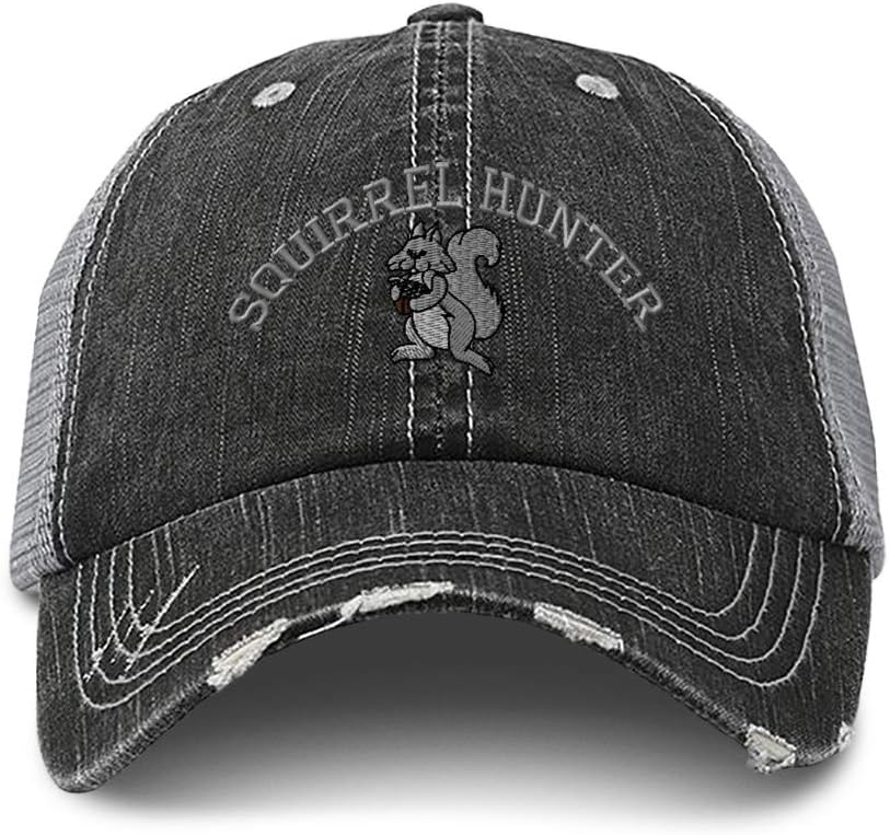 Distressed Trucker Hat Squirrel Hunter Embroidery for Men & Women Black Gray
