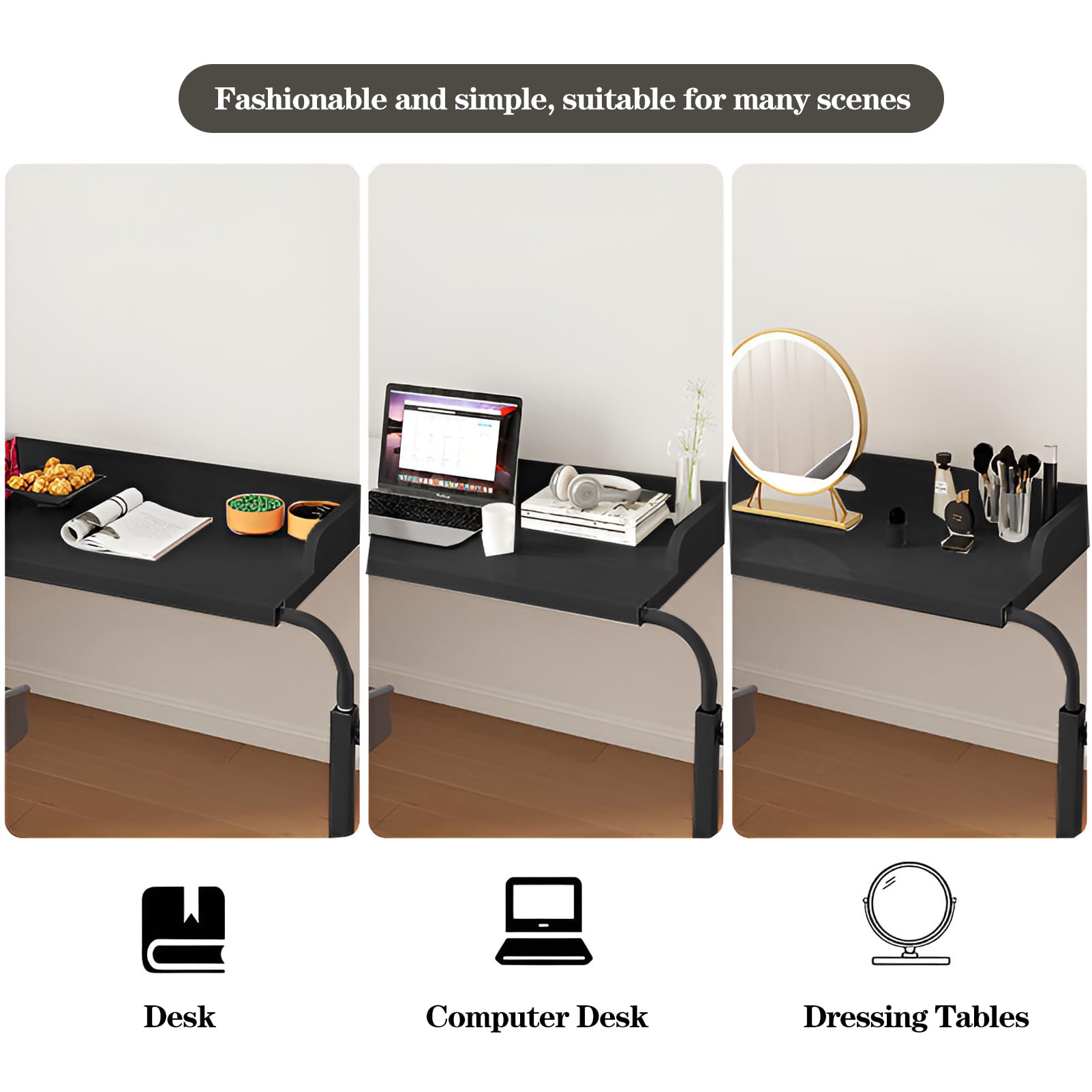 Tavolino da Letto Regolabile in Altezza e Lunghezza con 4 Ruote bloccabili, postazioni di Lavoro mobili per Computer per Uso Domestico e Ufficio (Nero Opaco, 47,2" P x 17,3" L x 25,6-37,4")