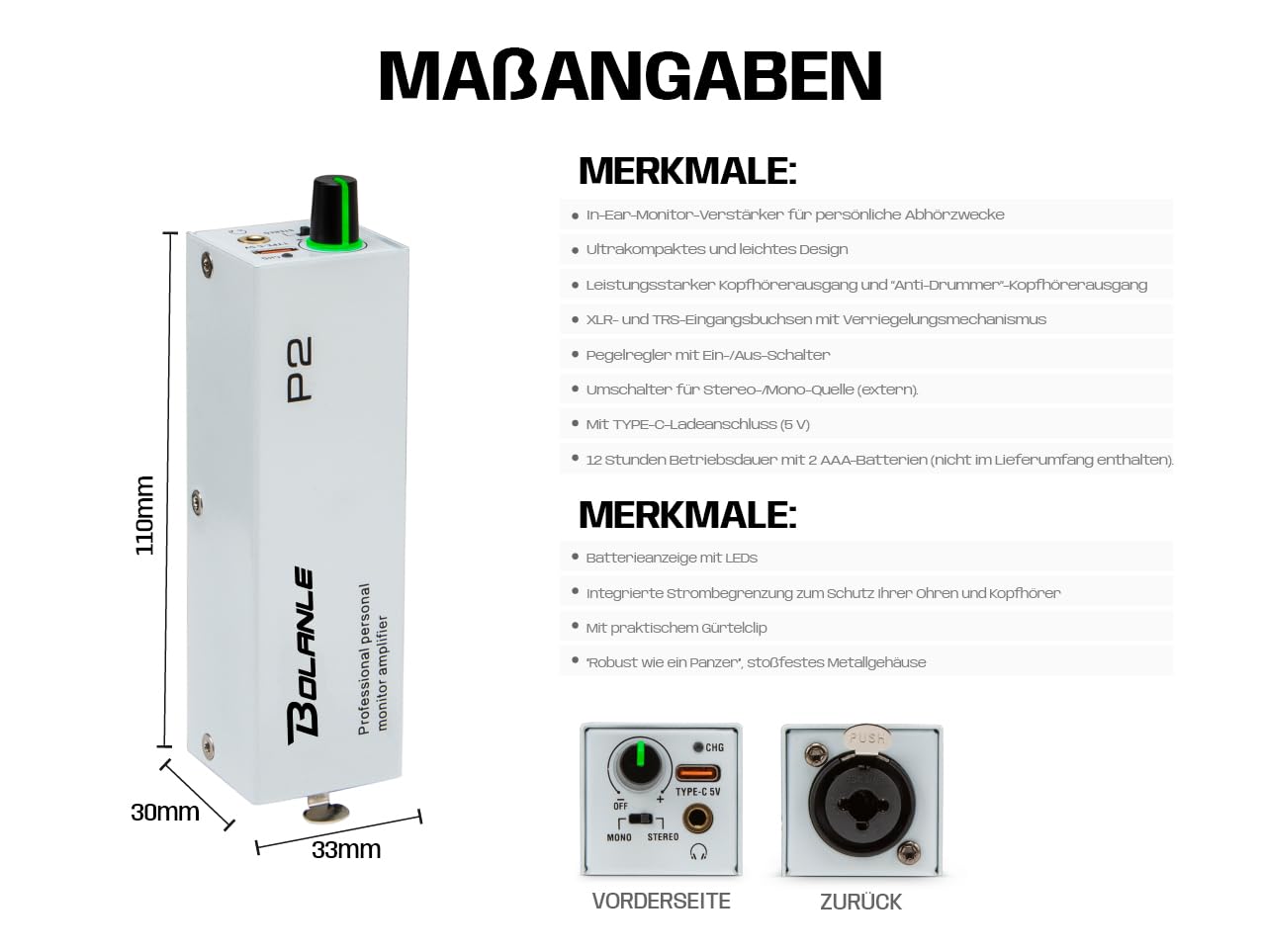 Bolanle P2 PRO In-Ear Monitoring Verstärker USB-C, XLR/TRS Eingang mit Verriegelung, 3,5 mm Ausgang, Stereo/Mono Schalter, 7-Farben LED für Musiker