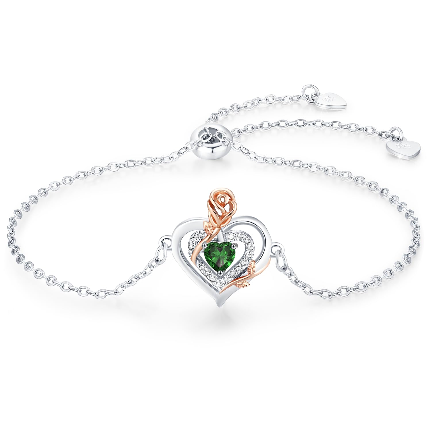 LAVUMO Armband Damen Silber 925 Echt/Messing Doppelherz Rose Blume Armbänder für Frauen Geburtsstein Schmuck Geburtstags Muttertags Geschenke für Frauen Freundin Verstellbar Armkette