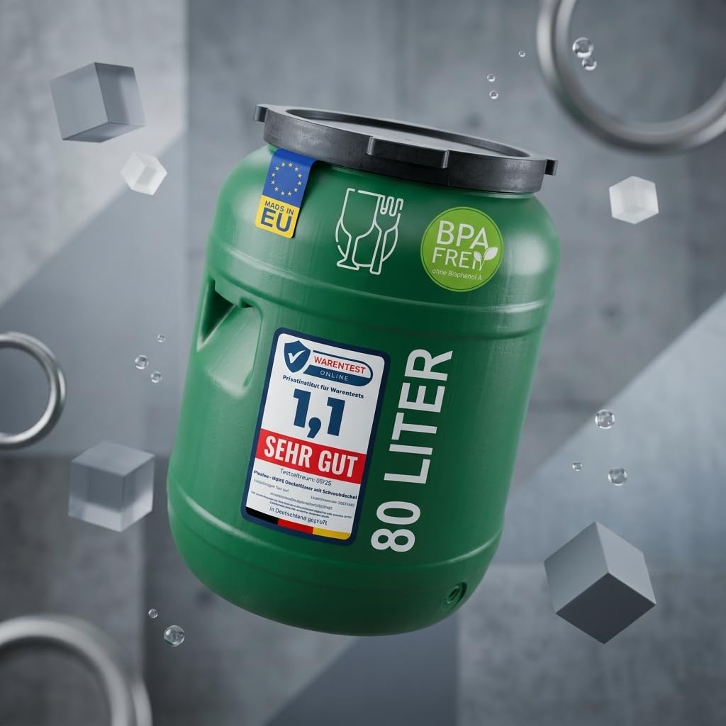 plasteo Fût à col large de 80 l avec couvercle de qualité alimentaire - Fût universel en polyéthylène haute densité avec bouchon à vis - Pour nourriture, stockage et transport - Vert - Rond