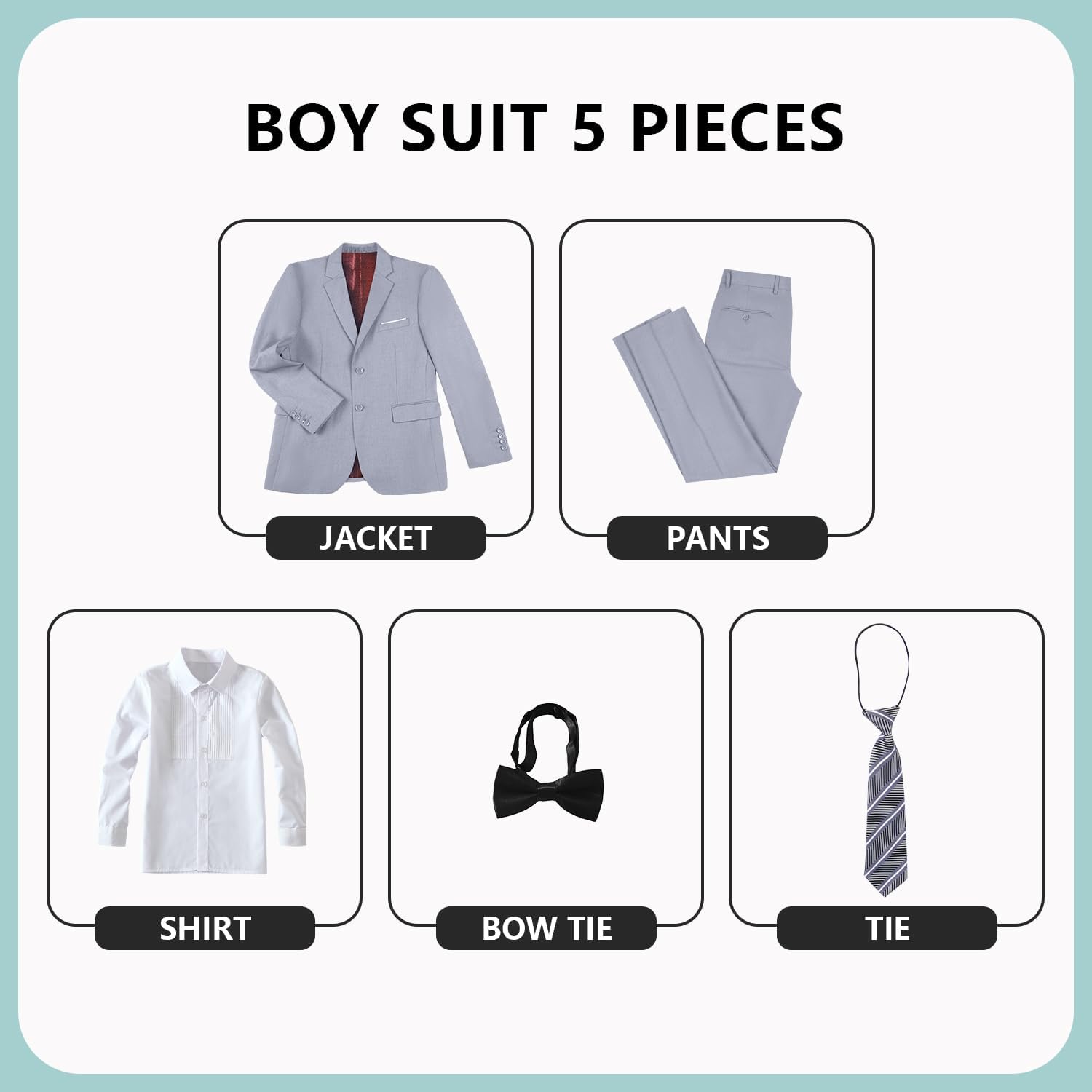 JPF Boys Formal Suits Slim Fit 5 Piece Kids Suit Jacket Pants Set with Dress Shirt and Tie for Wedding Prom - Image 2