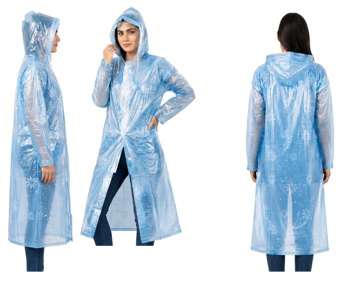 Women's Blue Floral Print Hooded Raincoat-image-3
