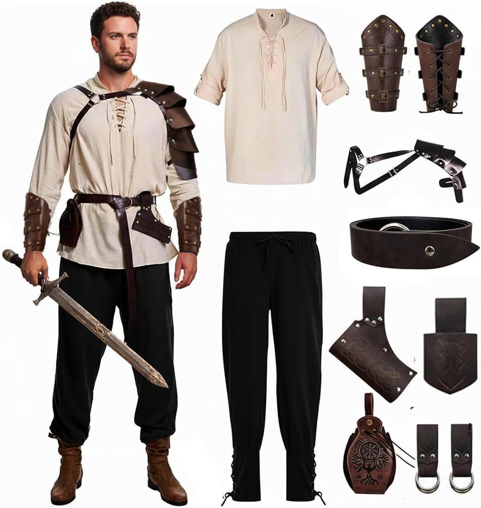 SUMGOGO 11-in-1 Renaissance Costume Medieval Pirate Shirt Pant Viking Shoulder Armor Arm Bracer Sword Frog Festival Accessory