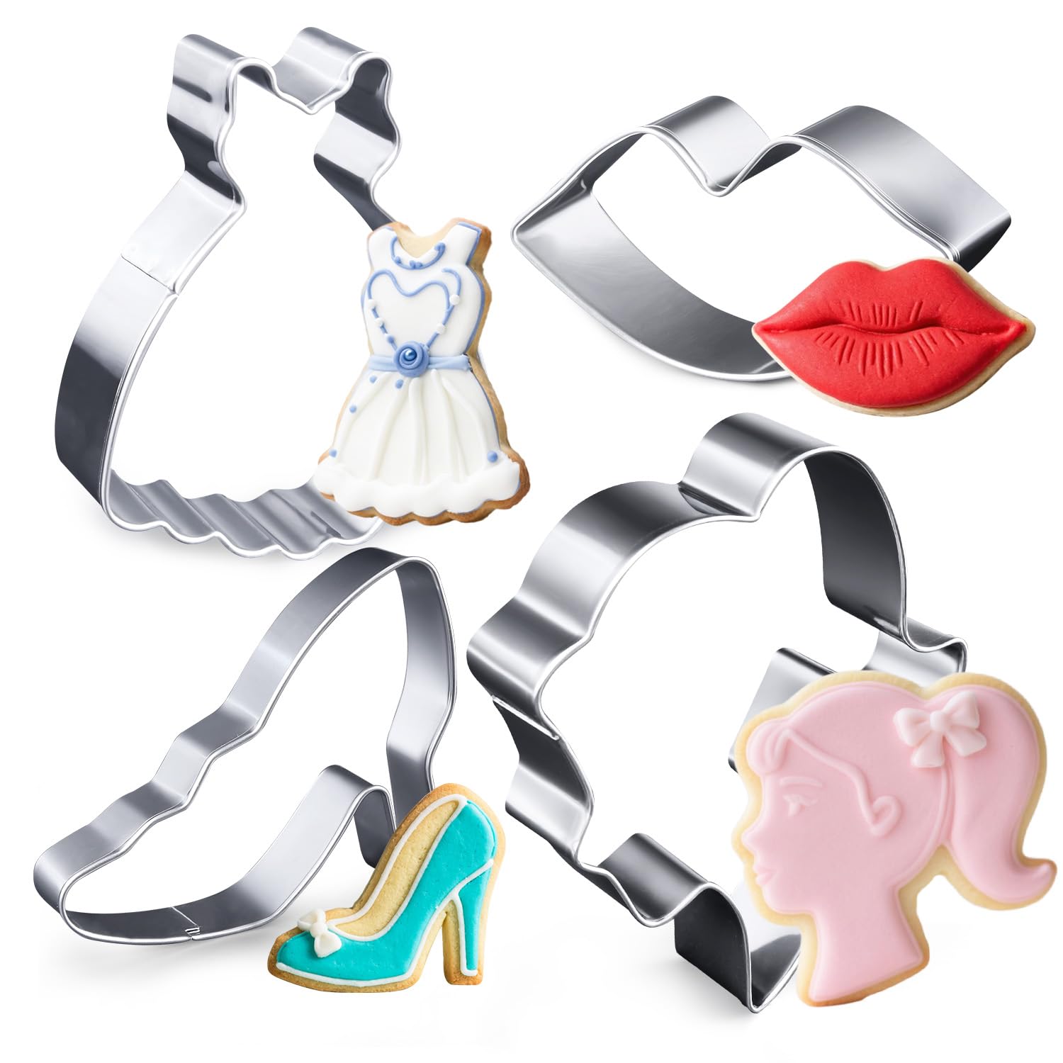 Fashion Girl Cookie Cutters 4Pcs,Priness Doll Head Lips Skirt High Heel Shoe Biscuit Pastry Baking Molds for Hotpink Girl Makeup Cake Birthday Party Decor