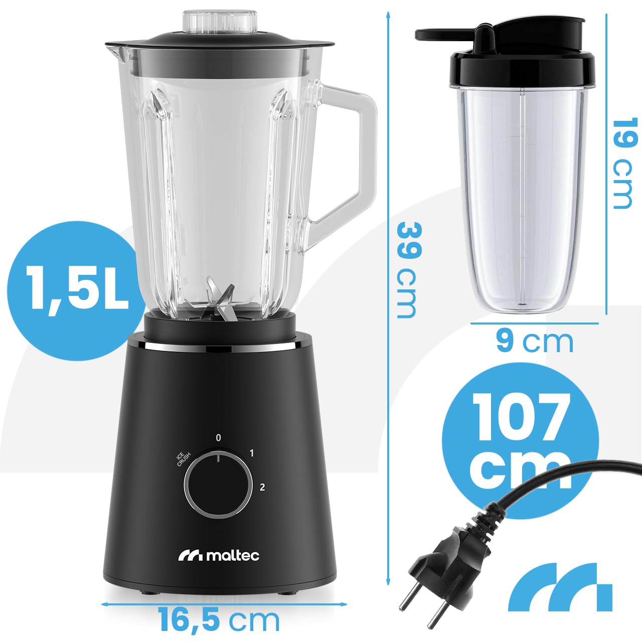 MalTec Standmixer Glas 1,5 L mit 500 ml To-Go-Flasche, 1000 W Motor, 6 Edelstahlklingen, 2 Geschwindigkeiten und Pulsfunktion, rutschfeste Füße, BPA-frei, für Smoothies, Suppen, Proteinshakes