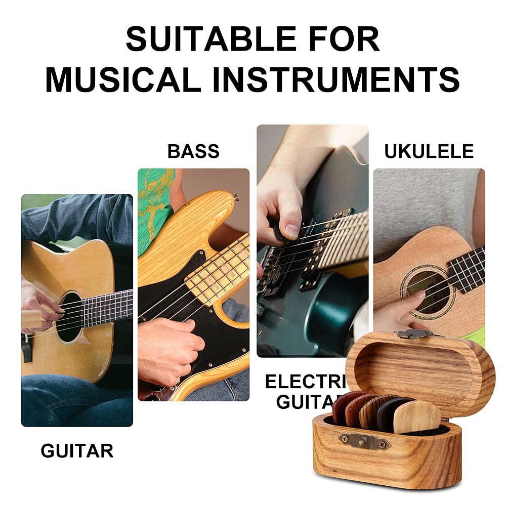 FNRLIA Natural Wood Guitar pick 5 Pieces In A Box, Folk Acoustic Guitar SolidWood Picks,Electric Guitar Peripheral Gifts Guitar Pick Display Box Storage Box, Grooved Non-Slip, Thickness 2.5mm