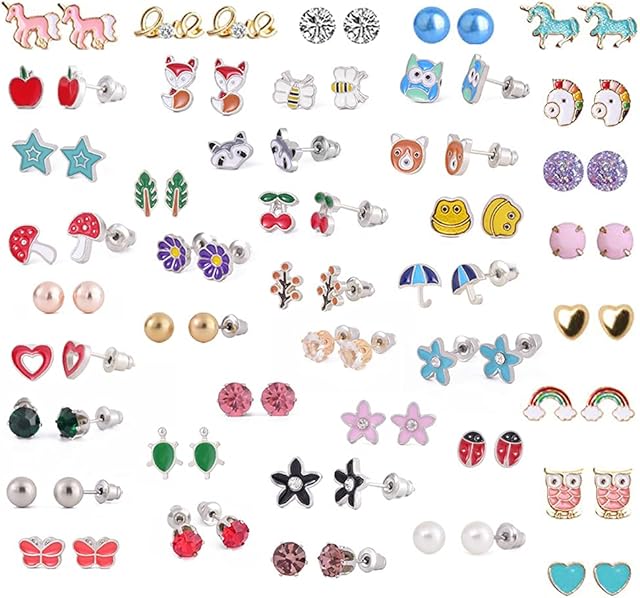 LABOTA Stainless Steel Mixed Color Cute Animals Fox Heart Star Ladybug Bee Frog Mushroom Tree Daisy Umbrella Rose Gold White Pearl Stud Earrings Set