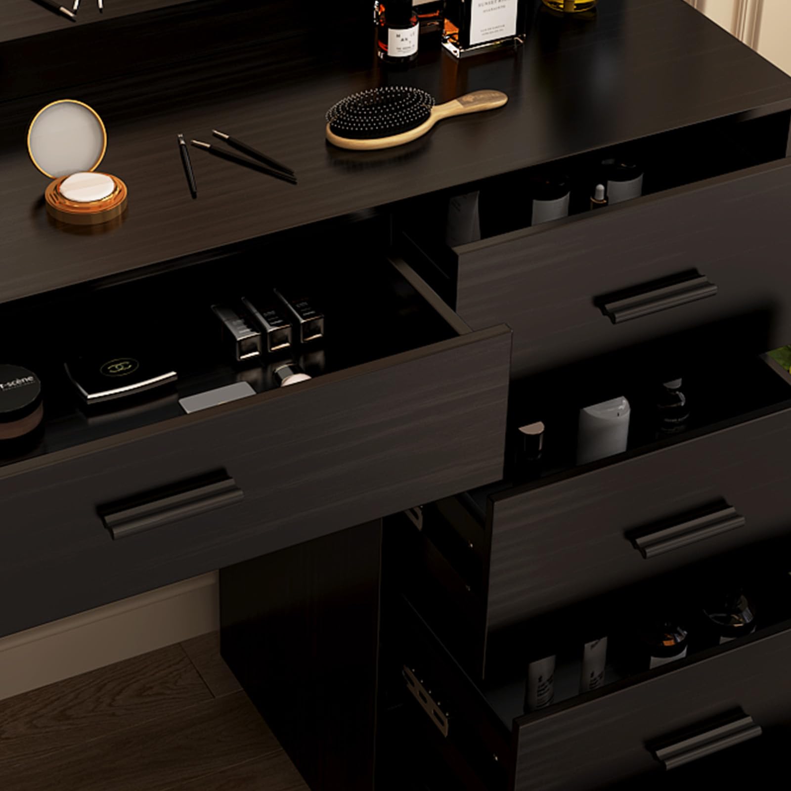 LIANWANGToeletta Trucco con Luci e Sgabello, Luminosità Regolabile, Toeletta Trucco con Specchio, Postazione Trucco, Moderno, Nero, 130 x 80 x 36 cm