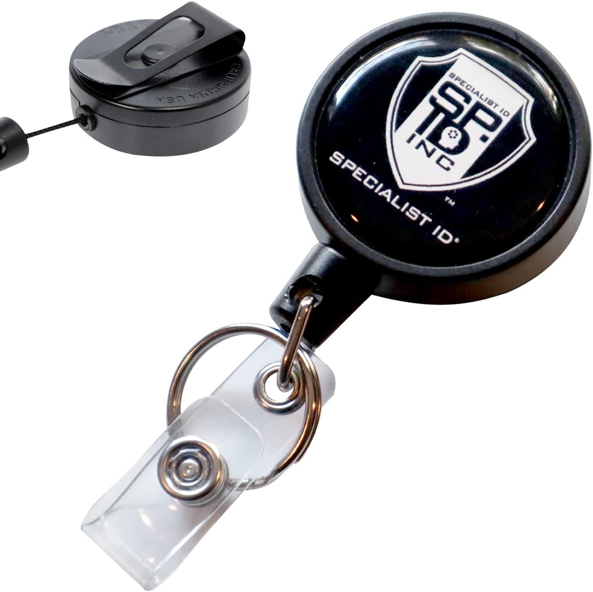 5 Pack - Heavy Duty Retractable I'd Badge Holder Keychain Reel - Strong Polycarbonate Plastic Case w/Metal Swivel Belt Clip, Key Ring & Vinyl Strap for Multiple Keys & Badges by Specialist ID (Black)