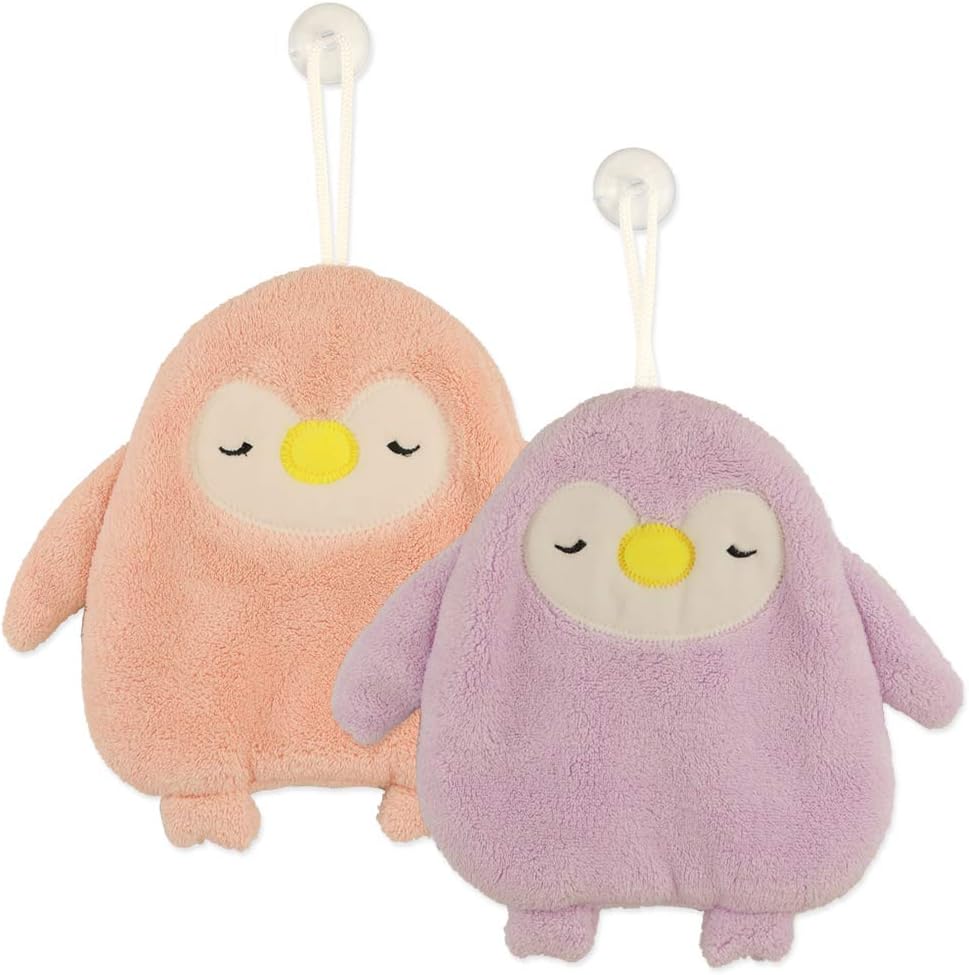 Penguin Hanging Hand Towels (Set of 2) - Coral Fleece Hand Towel with Suction Cup Hook - Highly Absorbent Ultra Soft Thick Towels for Kitchen ＆ Bathroom - 9 X 9 Inches(Pink+Purple)