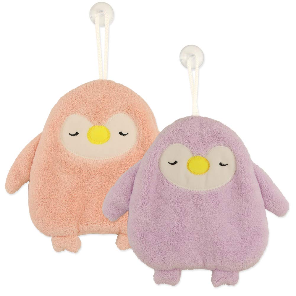 Penguin Hanging Hand Towels (Set of 2) - Coral Fleece Hand Towel with Suction Cup Hook - Highly Absorbent Ultra Soft Thick Towels for Kitchen ＆ Bathroom - 9 X 9 Inches(Pink+Purple)