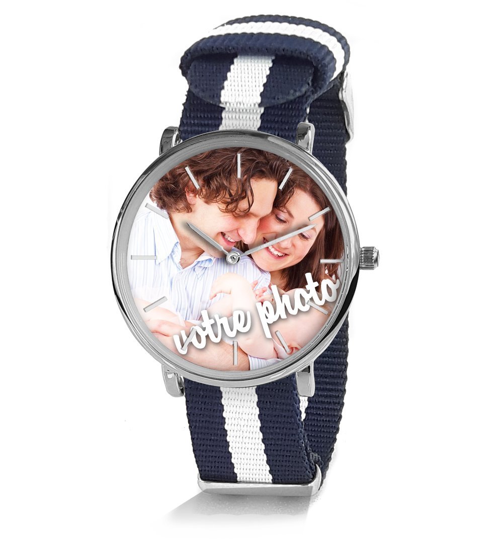 Genérico Reloj Personalizable con Foto, Texto. Reloj mixto, hombre o mujer. Regalo personalizado Pulsera trenzada Rayas, colores de moda. Regalo Fiestas del Padre, Modelo Mixto Ø: 38 Mm. R24s Marina