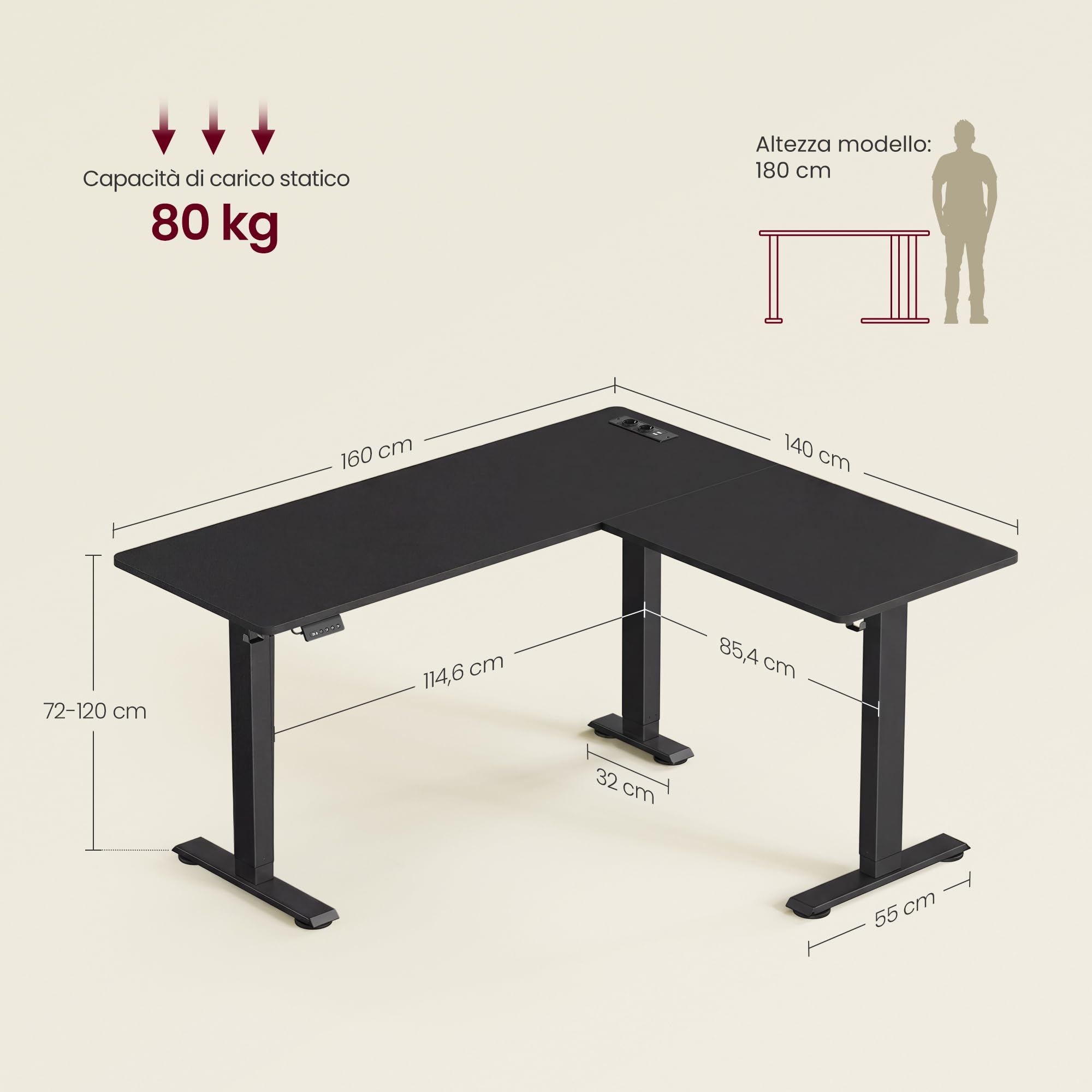VASAGLE Scrivania Regolabile in Altezza, 160 x 140 cm, Scrivania Angolare a L, Standing Desk, 2 Prese AC, 2 Porte USB-A, Ripiano per Ciabatta, per Ufficio, Nero Inchiostro LSD264BZ01