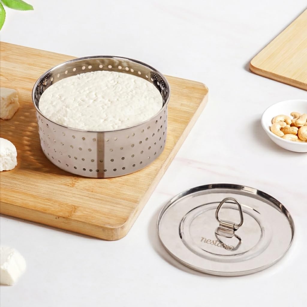 Nestasia Stainless Steel Paneer Maker (550 ml) - Round Paneer Maker Mould Press with Lid | Rust Resistant Medium Paneer Strainer - Perfect for Fresh Paneer, Tofu & Sprouts