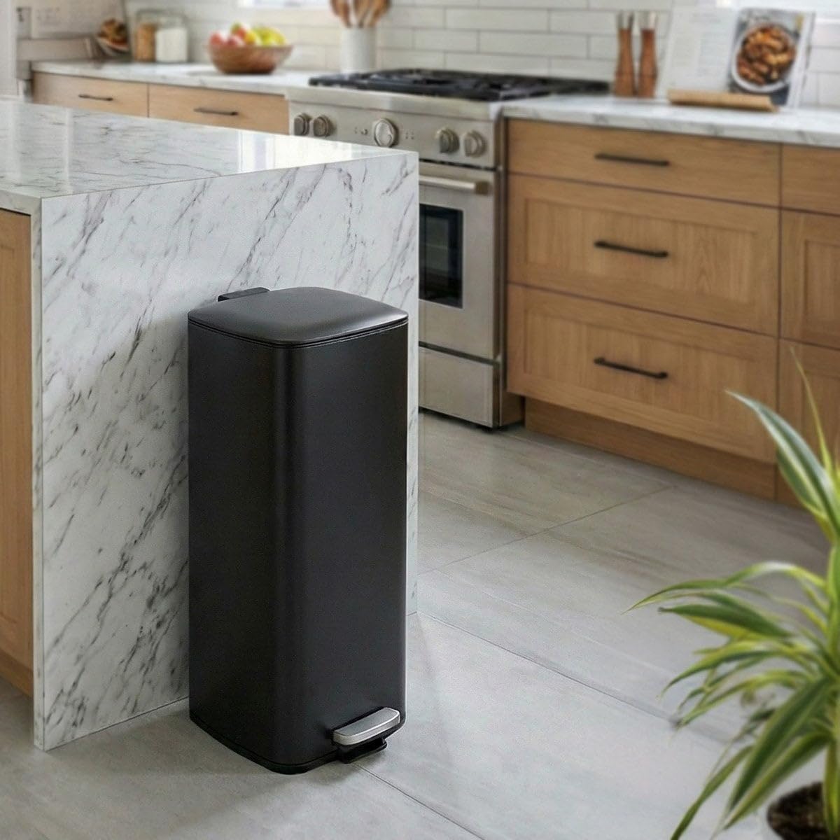 Cubo de Basura de 30 Litros de Acero Inoxidable Negro de 37x27x65 cm. Papelera con Cubo Interior Extraíble de Polipropileno con Asa y Apertura con Pedal