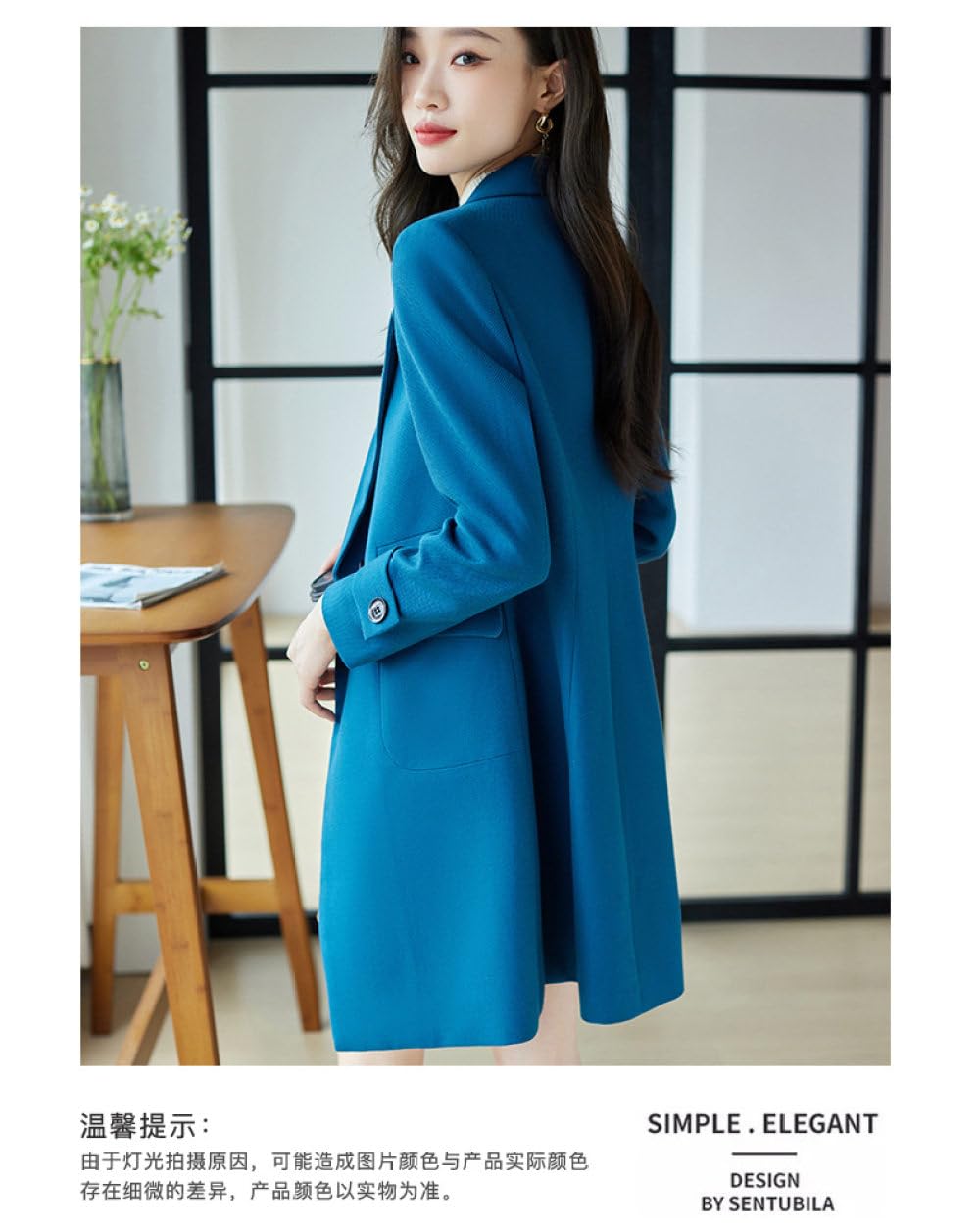 Mittellanger Slim Fit Blazer Für Damen,Blau,Nothced Revers Zweireiher Blazer,Modisch,Langärmelig,Herbst Übergangsjacke,Elegante Büro Oberbekleidung Mit Taschen