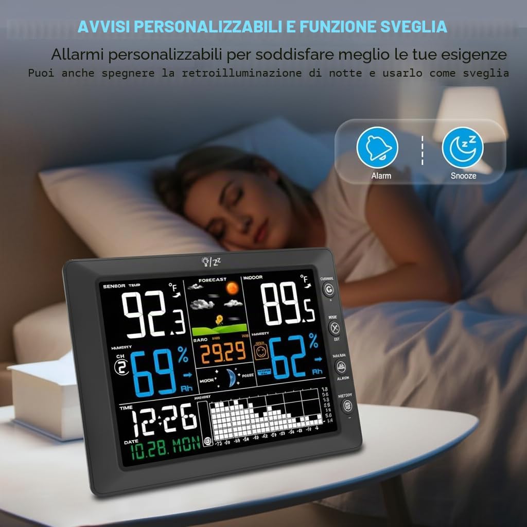 Urageuxy Stazione meteo radio con sensore esterno, orologio radio DCF con grande display a colori, termometro interno esterno, igrometro, previsioni meteo, distanza di trasmissione, misurazione della