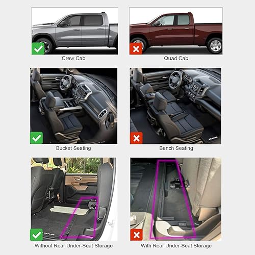 Miniatura 2 de LASFIT Alfombrillas de piso aptas para Ram 1500 Crew Cab 2019-2024 sin almacenamiento de fábrica debajo del asiento trasero, asiento de cubo, ajuste