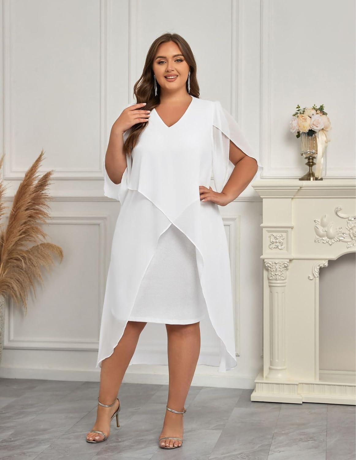 Hanna Nikole Womens Plus Size Chiffon Cocktail Dress Ruffle 3/4 Sleeve Wedding Guest Party Dresses with High Low Hem - Image 4