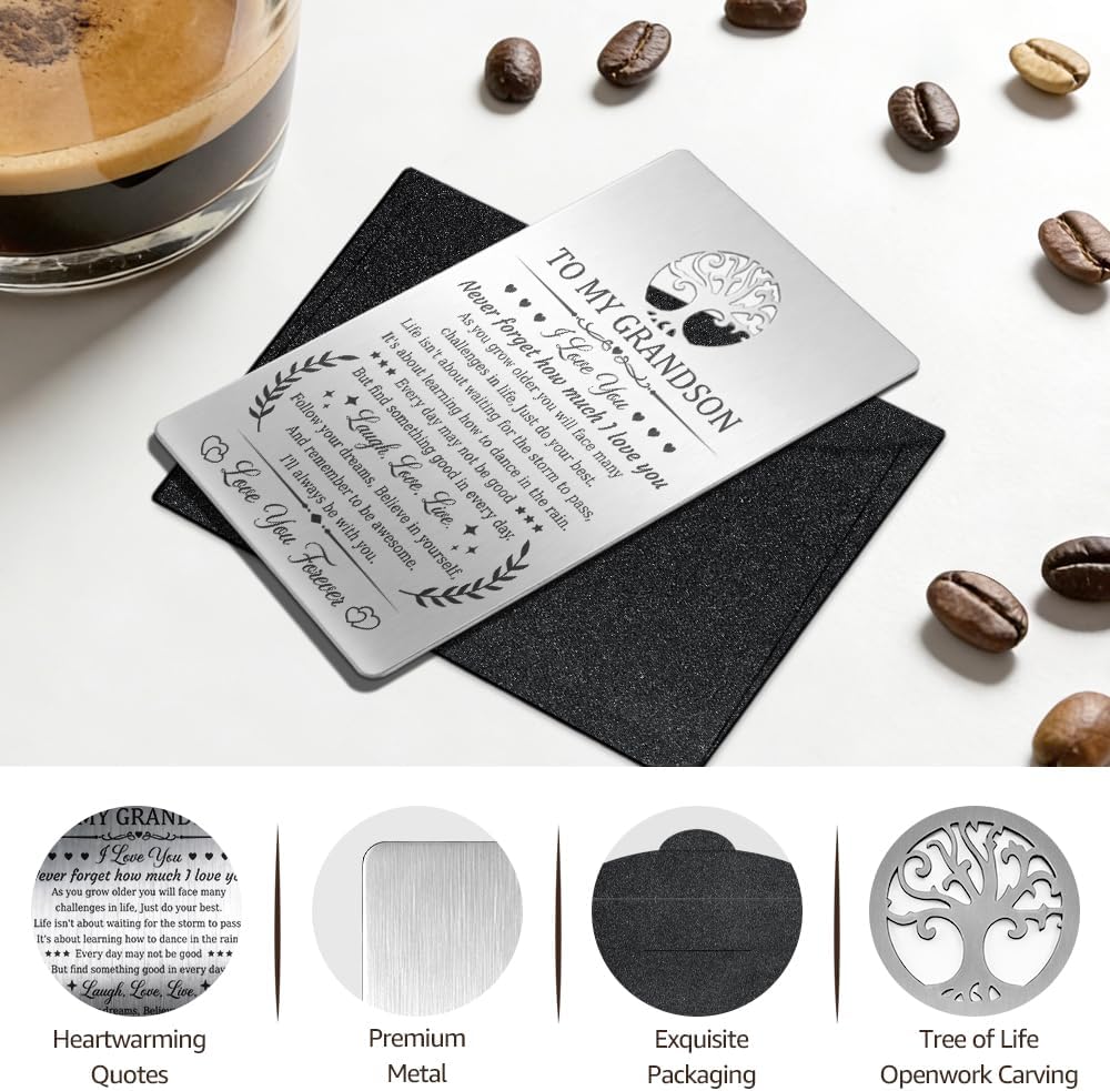 To My Grandson Metal Wallet Card, Fun Engraved Stainless Steel Wallet Insert Card With Love Quote for Grandchild, Birthday Christmas Deployment Graduation Gifts for Grandson from Grandparents image 3