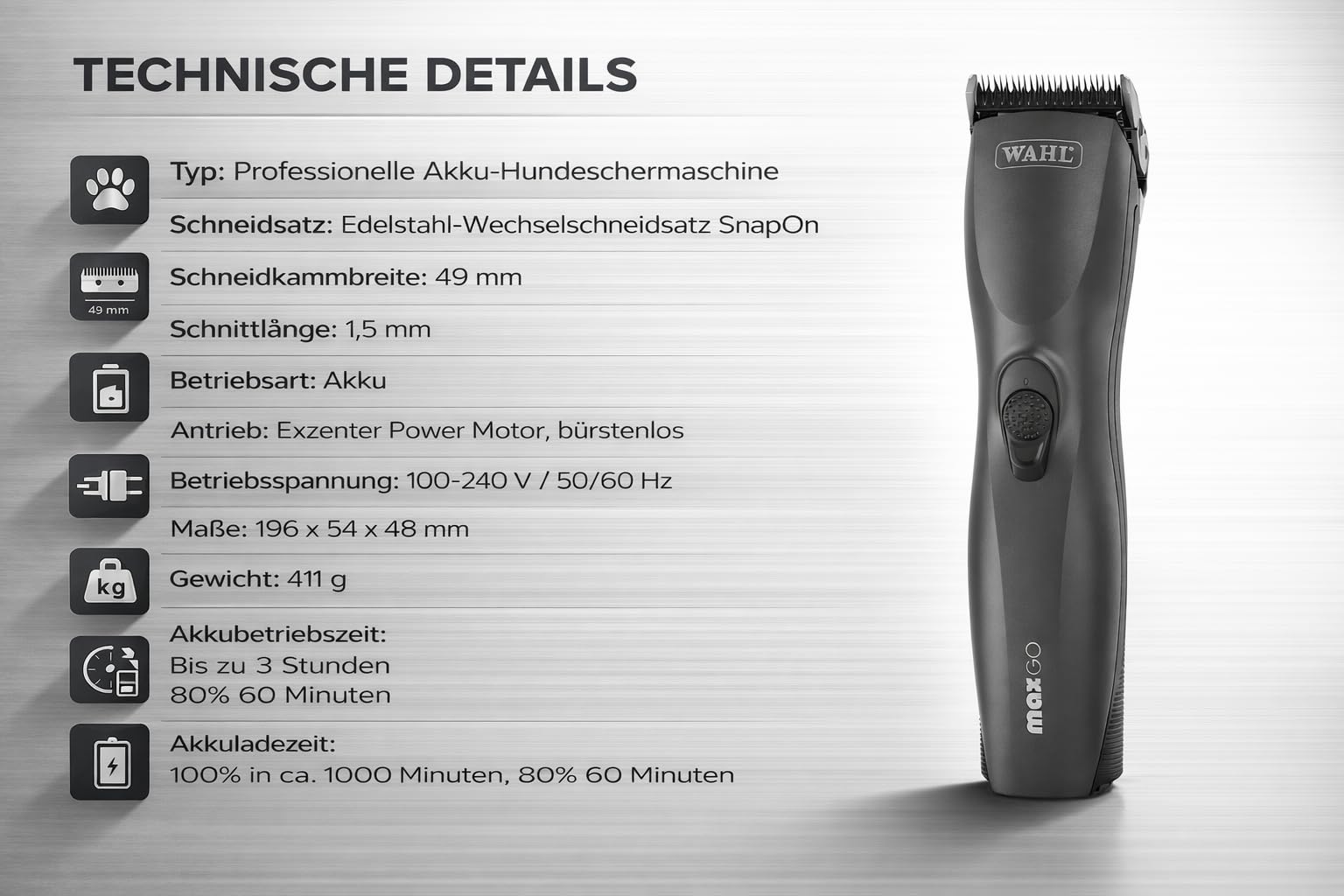 Rotschopf24 Edition: Profi Schermaschine Max Go + acht Metallaufsätze! Bis zu 3 Std. kabellos arbeiten. Sehr gute Qualität!! Für Wahl Hundeschermaschinen Liebhaber