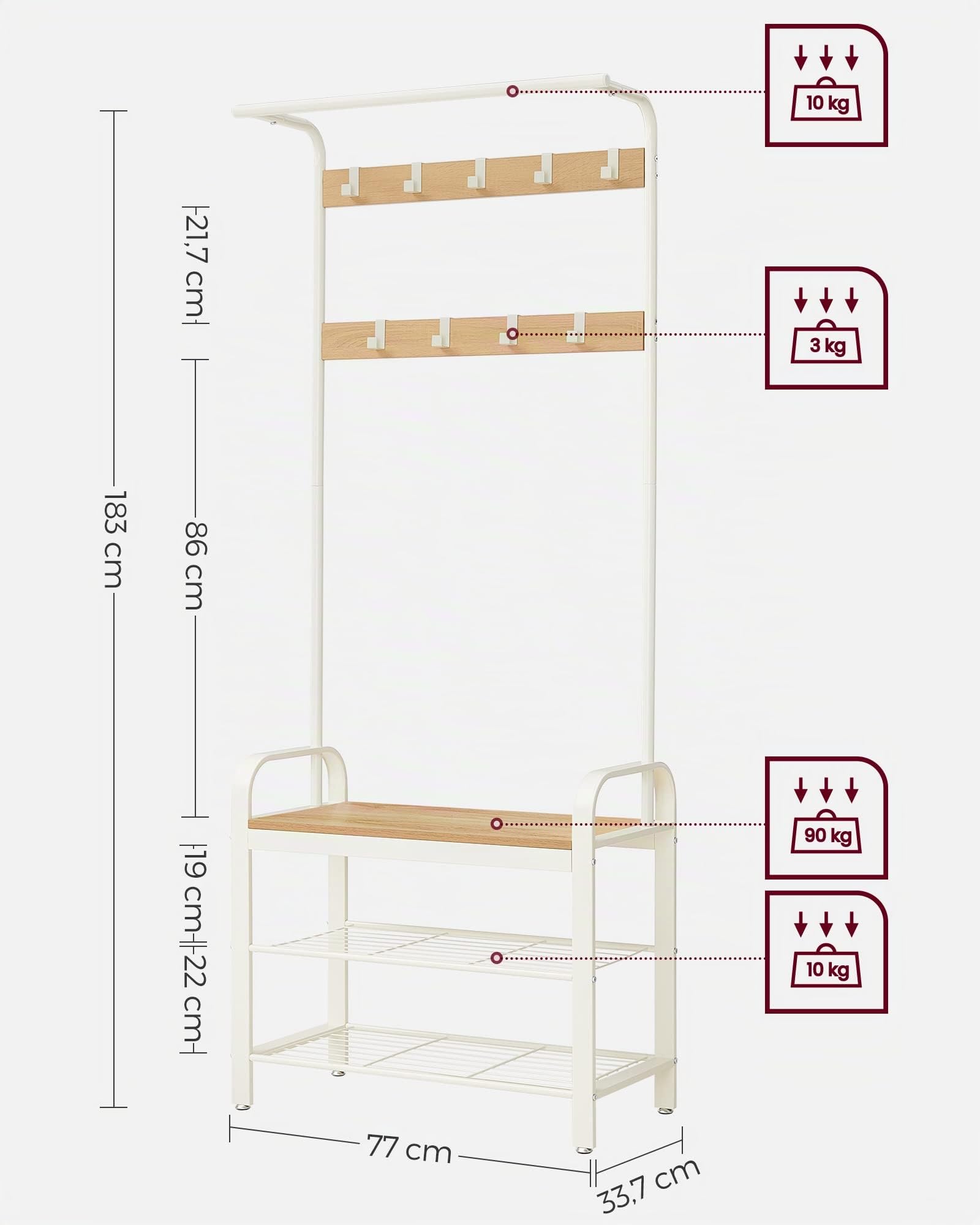 VASAGLE Garderobenständer, Garderobe, mit Schuhbank, 4-in-1 Design, 9 abnehmbare Haken, Kleiderstange, Eingangsbereich, Flur, 33,7 x 72 x 183 cm, modern, eichenfarben-weiß HSR40W