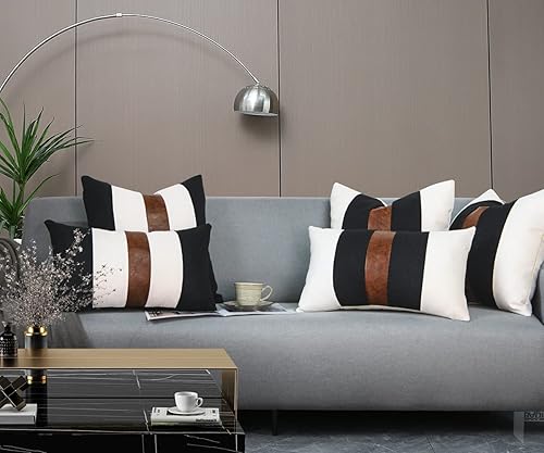 Miniatura 5 de JASEN Juego de 4 fundas de almohada de piel sintética y lino, fundas de cojín decorativas modernas de granja en blanco y negro para sofá