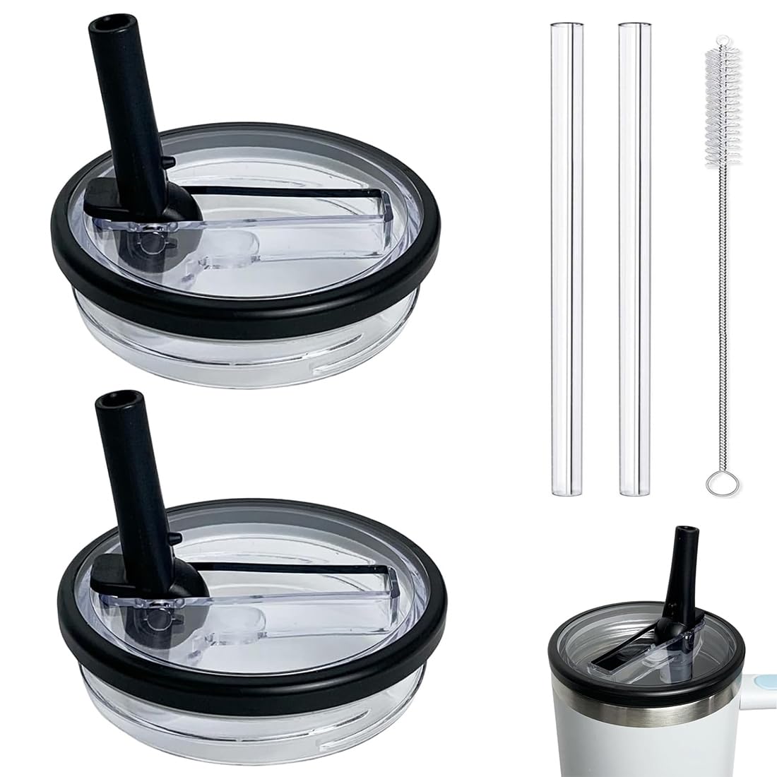WHOLELIVES 40 oz Flip Straw Leak Proof Lid, Tumbler Lid Replacement No Spill Proof for Stanley 40oz Cup Lid (2 Pack Black)
